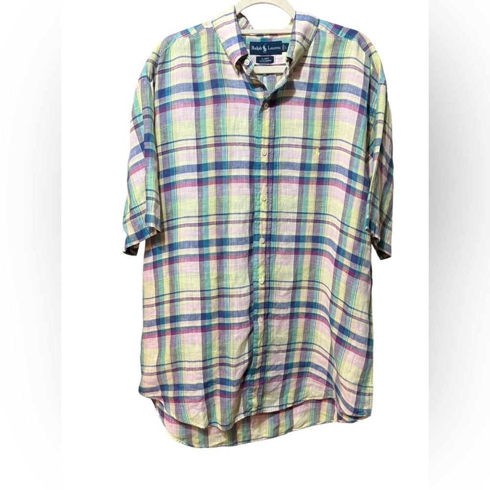 Ralph Lauren Blake Men’s Linen Button Down Shirt Pastel Plaid‎ Multicolor Sz L